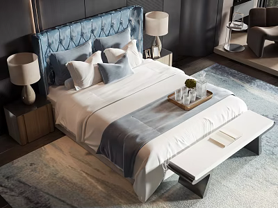 Modern Luxury Double Bed with Blue Headboard White Sheets and Nightstands Table Lamps Rug Bench 3d model