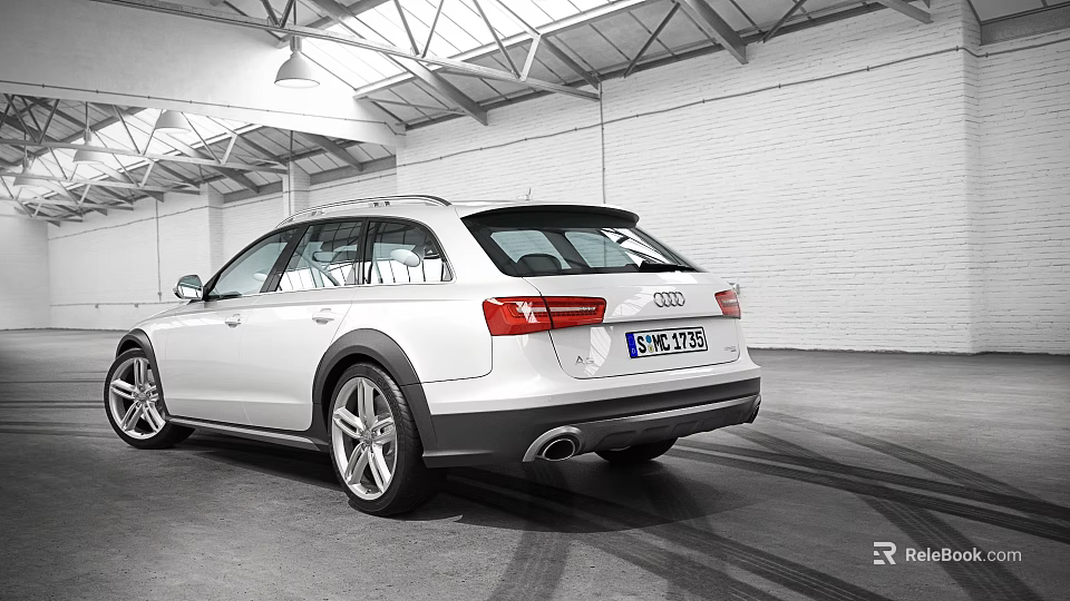 White Audi Avant Station Wagon In Indoor Garage With Tire Tracks On Floor 3d model 