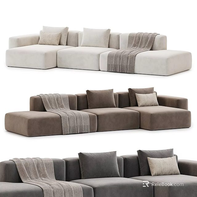 Modern Minimalist Large Modular Sectional Fabric Sofa With Cozy Throw Pillows And Knit Blankets 3d model 