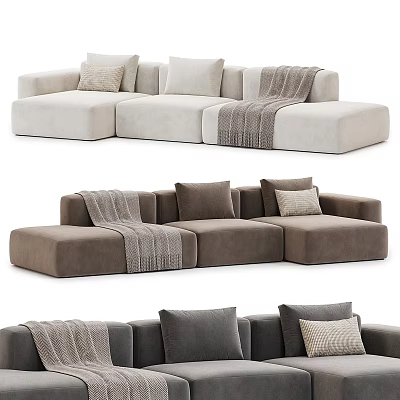 Modern Minimalist Large Modular Sectional Fabric Sofa With Cozy Throw Pillows And Knit Blankets 3d model