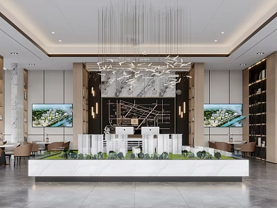 Modern Luxury Sales Office Interior With Property Model And Chandelier 3d model