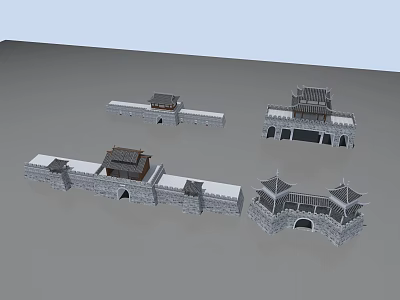 Traditional Ancient City Wall Models Featuring Gate Towers And Stone Structures 3d model
