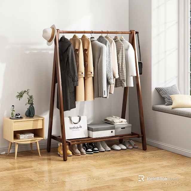 Wooden Coat Rack Holds Clothes And Shoes In Minimalist Room 3d model 