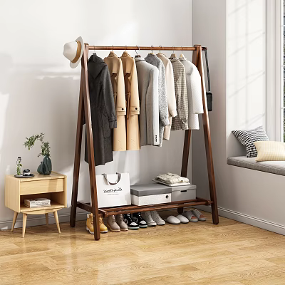Wooden Coat Rack Holds Clothes And Shoes In Minimalist Room 3d model