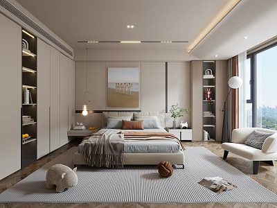Modern Bedroom Interior With Comfortable Bed Hanging Painting Wardrobes Nightstands Pendant Light And Armchair 3d model