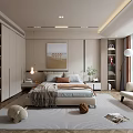Modern Bedroom Interior With Comfortable Bed Hanging Painting Wardrobes Nightstands Pendant Light And Armchair
