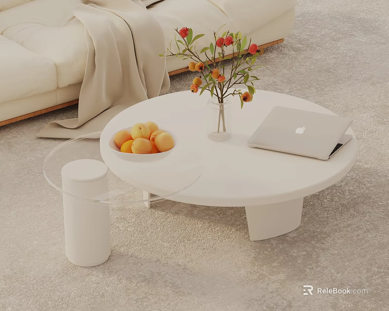 Minimalist White Sofa and Round Coffee Table Set with Fruit Bowl Flower Vase and Laptop 3d model 