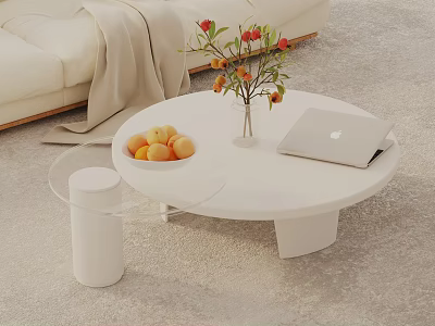 Minimalist White Sofa and Round Coffee Table Set with Fruit Bowl Flower Vase and Laptop 3d model