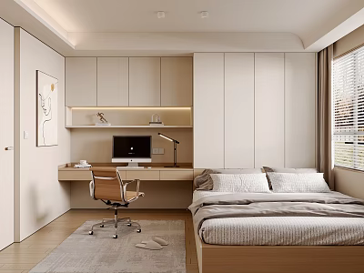 Minimalist Tatami Bedroom Interior Featuring Tatami Bed Wooden Desk Computer And Window Blinds 3d model