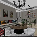 Modern Living and Dining Room Interior With Sofa Coffee Table Chandelier And Green Chairs