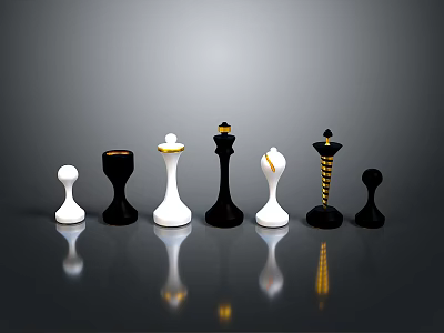 Stylish Modern Chess Pieces Featuring White Black Bodies And Gold Accents 3d model