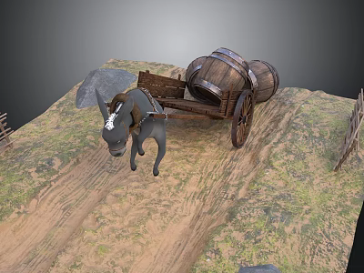 Donkey Pulling Cart With Wooden Barrel Stones And Fence On Dirt Path 3d model