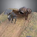 Donkey Pulling Cart With Wooden Barrel Stones And Fence On Dirt Path