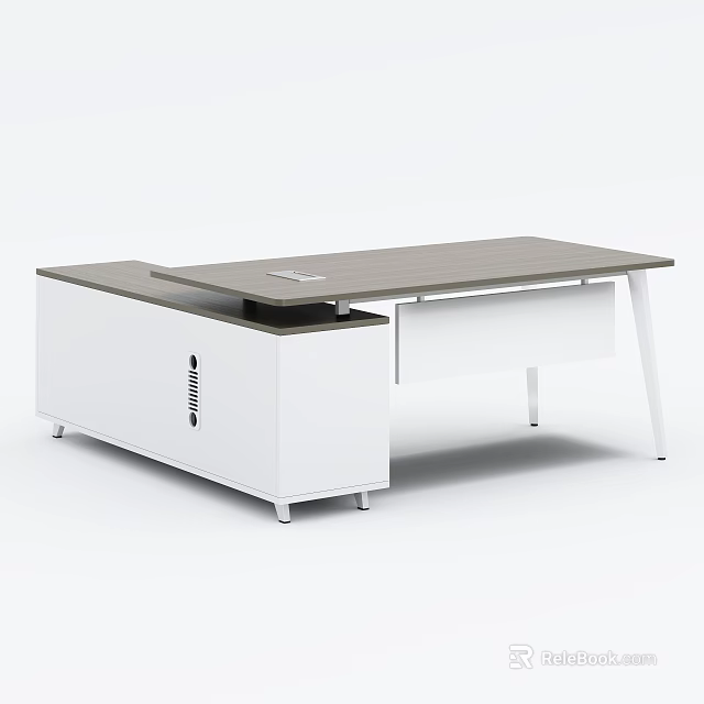 Modern Office Desk With White Cabinet Gray Tabletop And Functional Drawer Design 3d model 