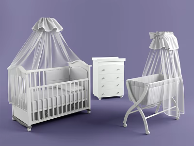 White Baby Cribs With Canopy And Drawer Chest For Nursery Room Setup 3d model