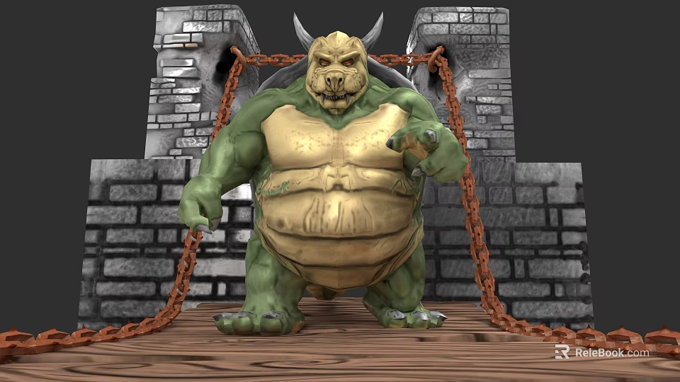 Game Movie Character Green Skinned Horned Giant With Yellow Chest Armor Stone Walls Chains 3d model 
