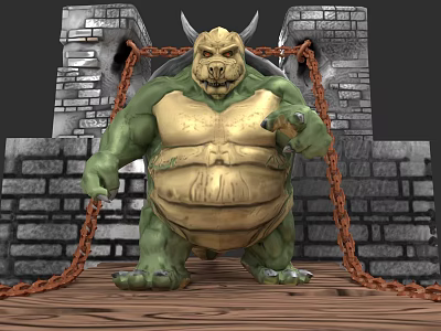 Game Movie Character Green Skinned Horned Giant With Yellow Chest Armor Stone Walls Chains 3d model