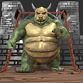 Game Movie Character Green Skinned Horned Giant With Yellow Chest Armor Stone Walls Chains