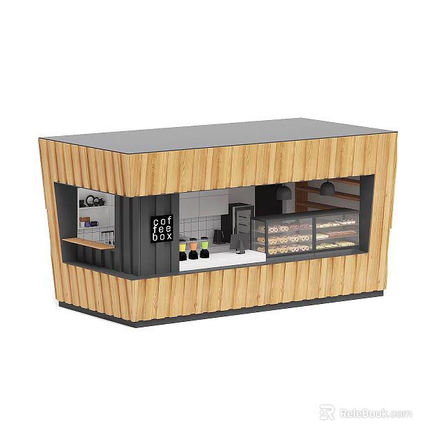 Wooden Retail Kiosk With Display Window And Drinks On Interior Shelves 3d model 