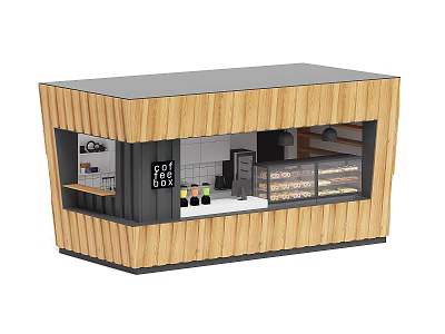 Wooden Retail Kiosk With Display Window And Drinks On Interior Shelves 3d model