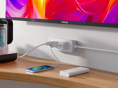 Home Charging Setup With Devices On Wooden Desk Near VIZIO TV 3d model