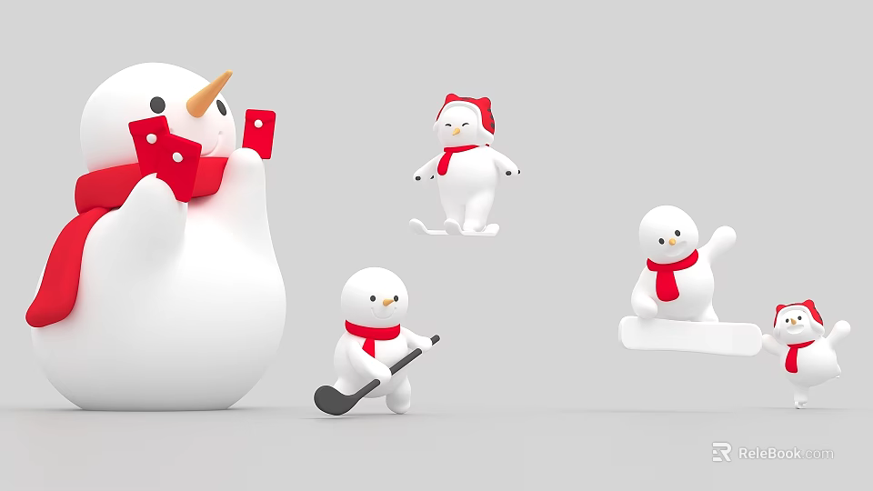 Cute Snowman Dolls With Red Scarf Hat And Winter Activity Poses Like Skiing Hockey Stick 3d model 