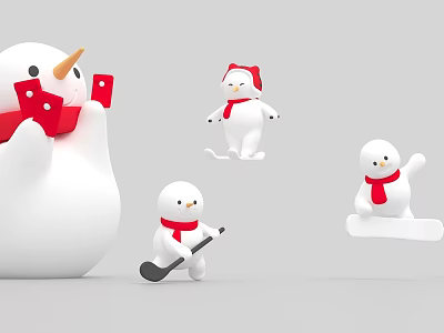 Cute Snowman Dolls With Red Scarf Hat And Winter Activity Poses Like Skiing Hockey Stick 3d model