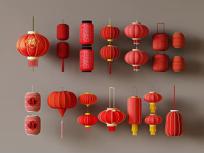 Traditional Red Lanterns With Various Shapes And Decorative Patterns For Festive Decor 3d model