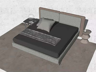 Modern Minimalist Double Bed With Woven Headboard Gray Pillow Blanket And Nightstand Table Lamp 3d model