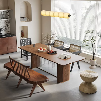 Modern Wooden Dining Table Set With Chairs Bench Fruits Vase And Plant Near Window Blinds 3d model