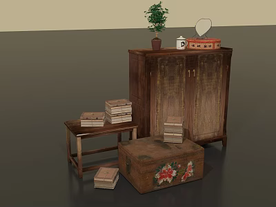 Vintage Wooden Furniture Collection Featuring Cabinet Small Table Decorative Trunk And Potted Plant 3d model