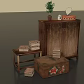 Vintage Wooden Furniture Collection Featuring Cabinet Small Table Decorative Trunk And Potted Plant
