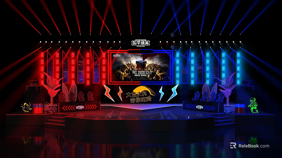 PUBG 2023 Spring Tournament Stage With Large Screen Red Blue Lights And Decorations 3d model 