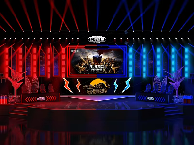 PUBG 2023 Spring Tournament Stage With Large Screen Red Blue Lights And Decorations 3d model