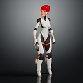 Red Haired Character In White Black And Orange Bodysuit Holding Device On Dark Background