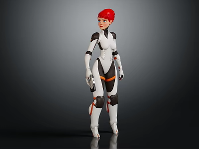 Red Haired Character In White Black And Orange Bodysuit Holding Device On Dark Background 3d model
