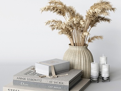 Books Dried Flowers Vase Jewelry 3d model