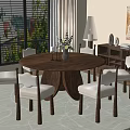 Round Wooden Dining Table Set With Six Upholstered Chairs Floor Lamp Rug And Window Blinds