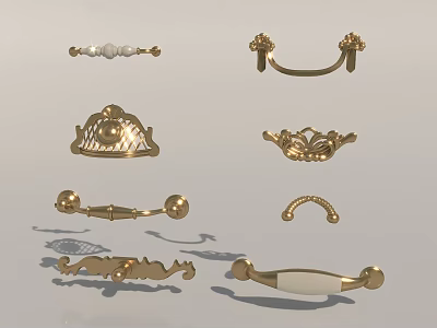 Assorted Gold Decorative Door Handles With Intricate Designs And Diverse Shapes 3d model