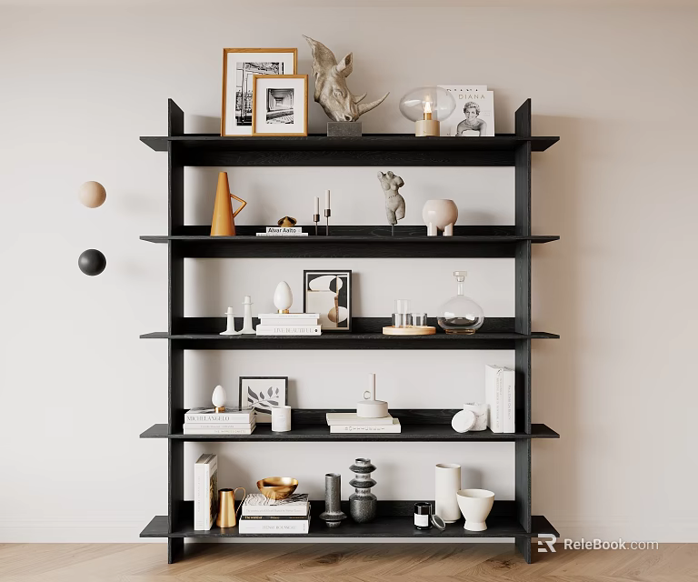 Black Multi Tiered Shelf Displaying Decorative Items Photo Frames Vases and Books 3d model 