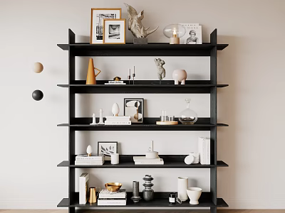 Black Multi Tiered Shelf Displaying Decorative Items Photo Frames Vases and Books 3d model