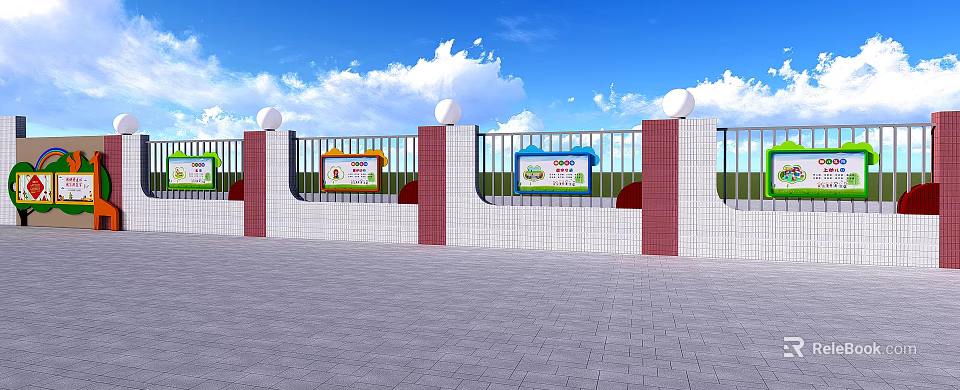 Kindergarten Exterior Wall With Colorful Notice Boards And Ball Decorations 3d model 