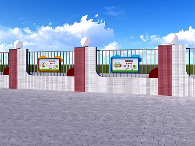 Kindergarten Exterior Wall With Colorful Notice Boards And Ball Decorations 3d model
