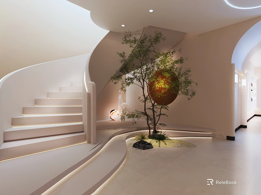 Curved Design Interior With White Staircase Indoor Tree And Circular Ornament 3d model