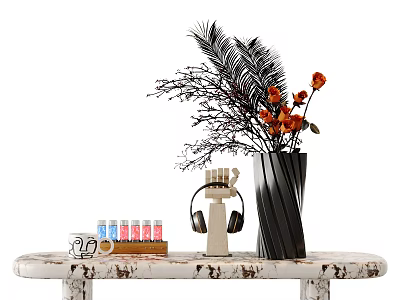 Decorative Ornament Combination With Black Vase Red Flowers Headphone Stand Colorful Bottles On White Table 3d model
