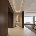 Modern Minimalist Entryway Hallway With Wooden Paneling Herringbone Flooring And White Console Table