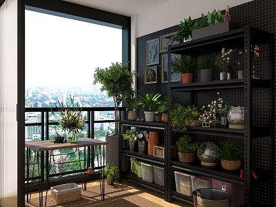 Indoor Shelving Unit With Potted Plants Decorative Items And City View 3d model