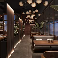 Modern Luxury Restaurant Design With Wooden Bar Counter Comfortable Seats And Fresh Indoor Green Plants
