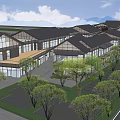Modern Commercial Street With Glass Curtain Walls Storefronts And Unique Roof Design
