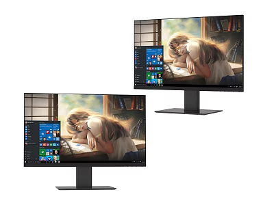 Dual Computer Monitors Showing Girl Reading Book On Bookshelf With Windows Desktop 3d model